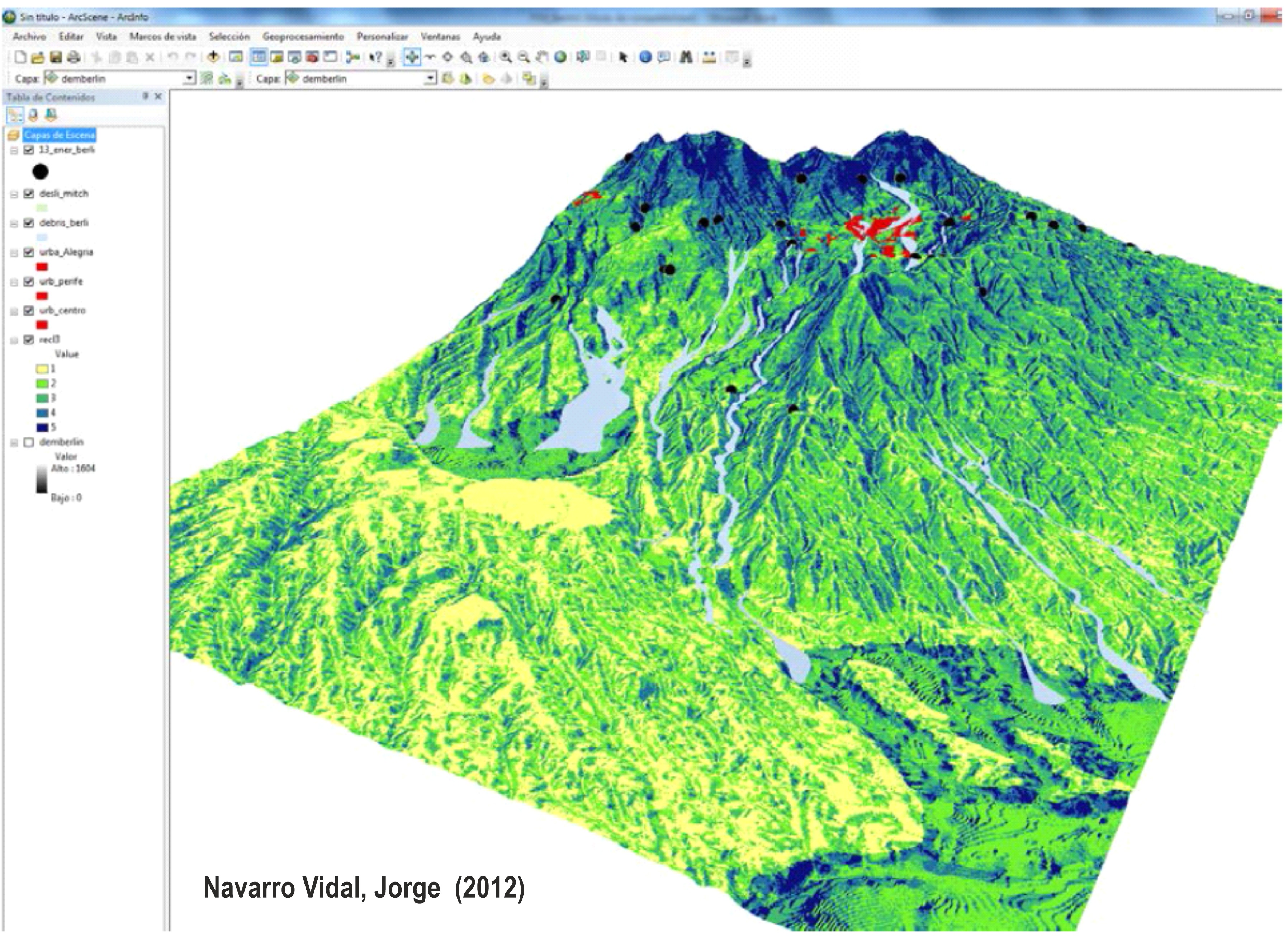 Susceptibilidad y amenaza de movimientos de ladera mediante S.I.G. en el municipio de Berlín, El Salvador. Fuente: Navarro Vidal, J. (2012). Trabajo Fin de Máster. https://eprints.ucm.es/19876/